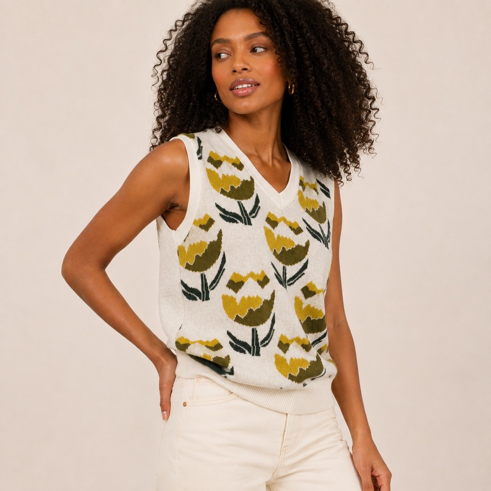 ASOS Design V-Neck Knitted Women's Sleeveless Sweater Vest White Tulip Graphic S